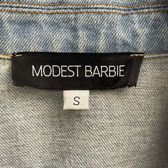 modest barbie distressed long denim trench coat  jacket dress size S - Picture 9 of 11